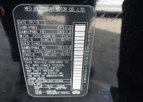 2019 Infiniti Qx50 Essential z USA, uszkodzony, nr VIN 3PCAJ5M18KF122384